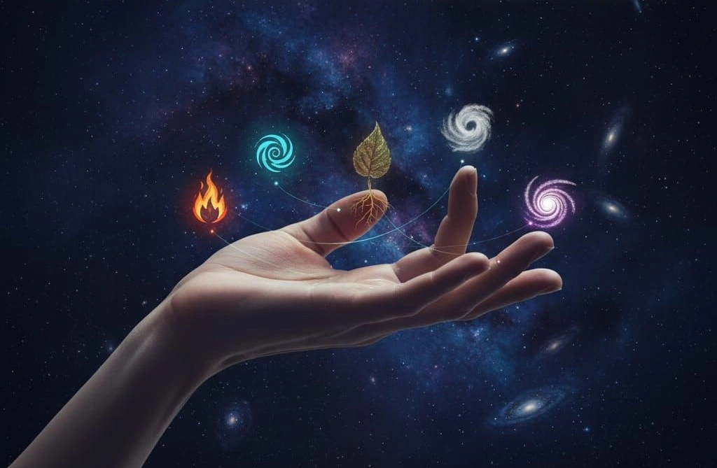 A diagram showing the five elements (Earth, Water, Fire, Air, Ether) mapped to the fingers of a hand.