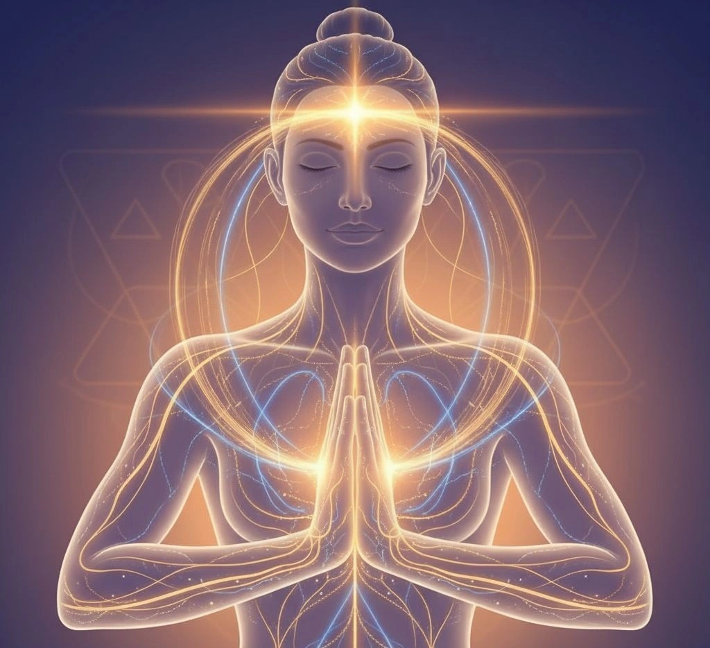 An artistic representation of energy flow in hands, illustrating the concept of Mudras.